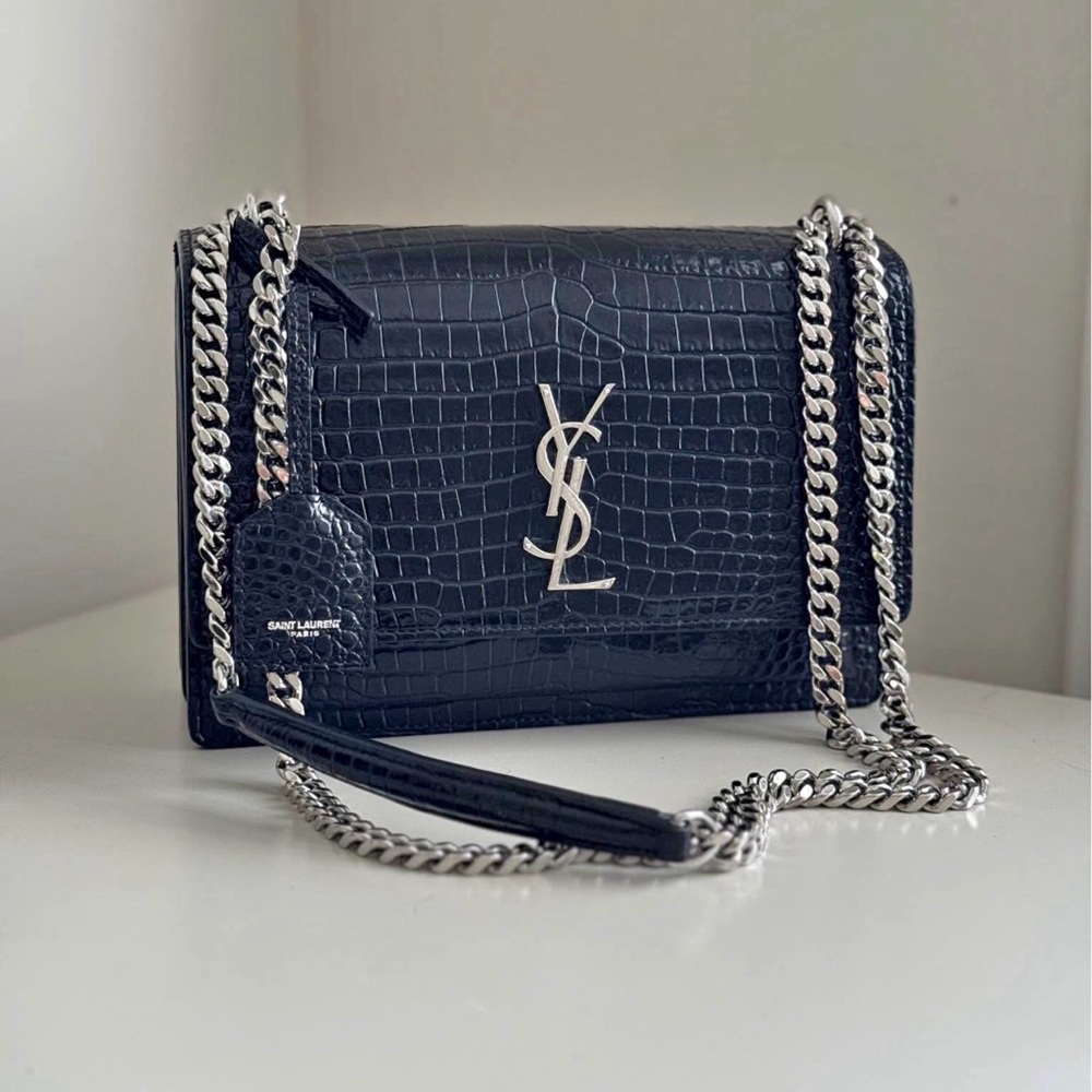 Authentic Yves Saint Laurent - Black Croc Embossed Sunset Medium Chain Bag
